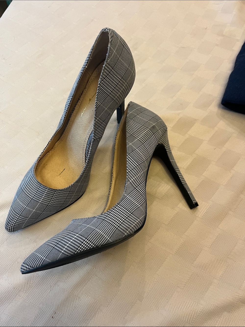 Plaid Pointed-Toe Stiletto Pumps in Gray - Women's